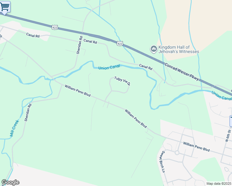 map of restaurants, bars, coffee shops, grocery stores, and more near 1 Tulpy View Drive in Womelsdorf