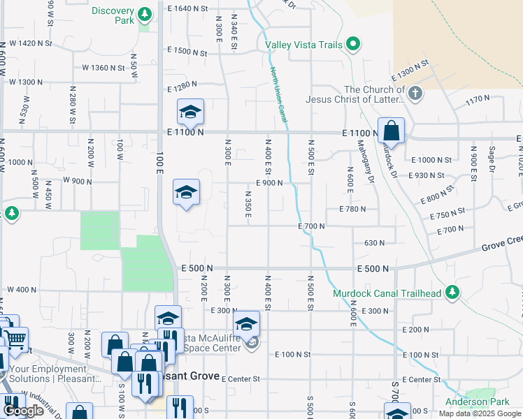 map of restaurants, bars, coffee shops, grocery stores, and more near 801 North 400 East in Pleasant Grove