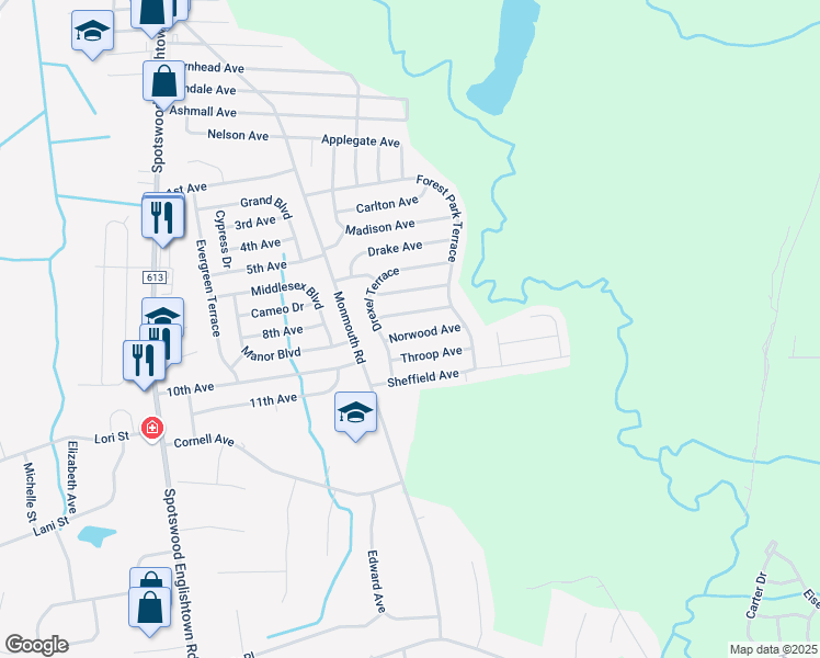 map of restaurants, bars, coffee shops, grocery stores, and more near 9 Hunterdon Avenue in Monroe Township