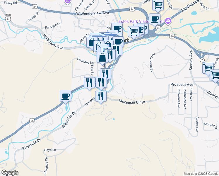 map of restaurants, bars, coffee shops, grocery stores, and more near 337 West Riverside Drive in Estes Park