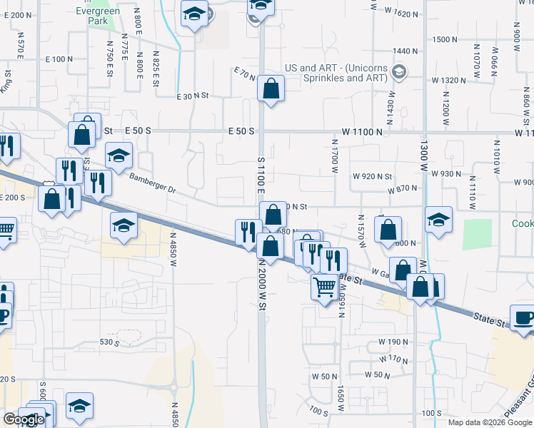 map of restaurants, bars, coffee shops, grocery stores, and more near 212 South 1100 East in American Fork