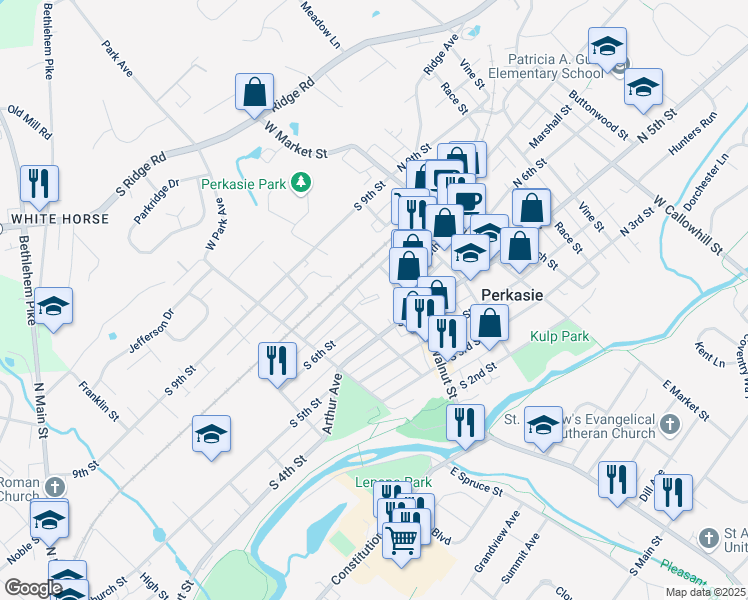 map of restaurants, bars, coffee shops, grocery stores, and more near 219 South 7th Street in Perkasie