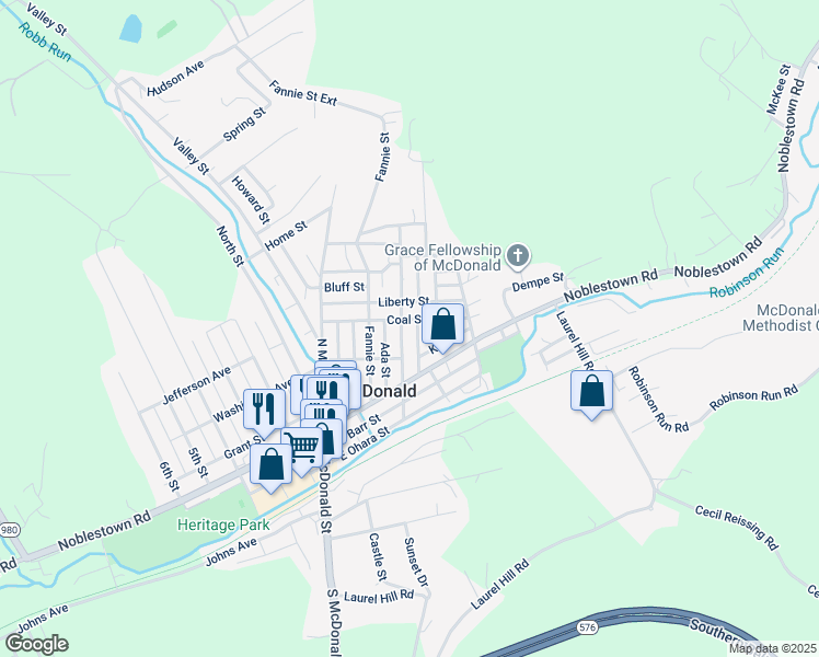 map of restaurants, bars, coffee shops, grocery stores, and more near 311 Center Avenue in McDonald