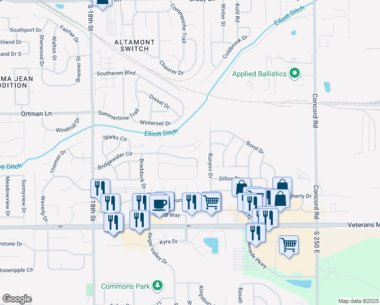 map of restaurants, bars, coffee shops, grocery stores, and more near 2014 Bridgewater Court in Lafayette
