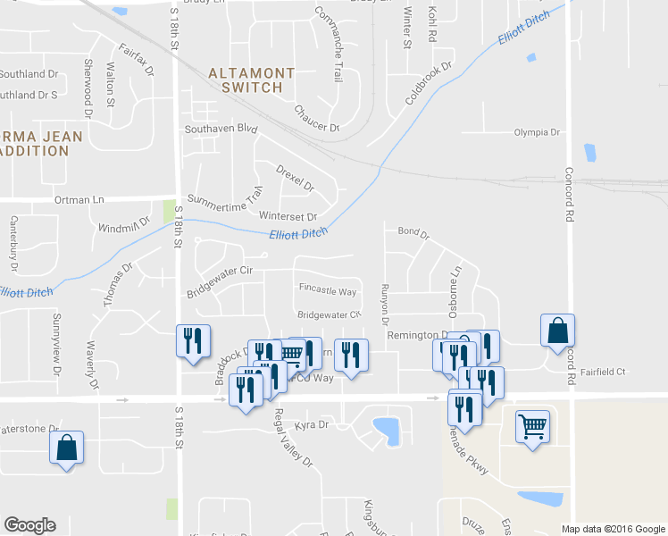 map of restaurants, bars, coffee shops, grocery stores, and more near 2014 Bridgewater Court in Lafayette