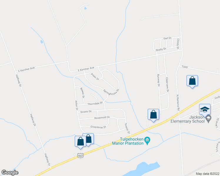 map of restaurants, bars, coffee shops, grocery stores, and more near 10 Lakeview Drive in Myerstown