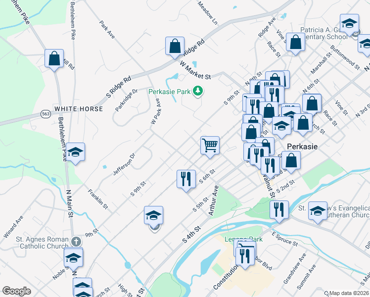 map of restaurants, bars, coffee shops, grocery stores, and more near 416 South 9th Street in Perkasie