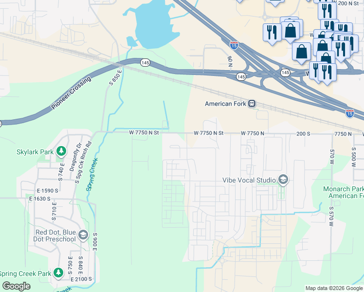 map of restaurants, bars, coffee shops, grocery stores, and more near 7099 W 7750 N in American Fork