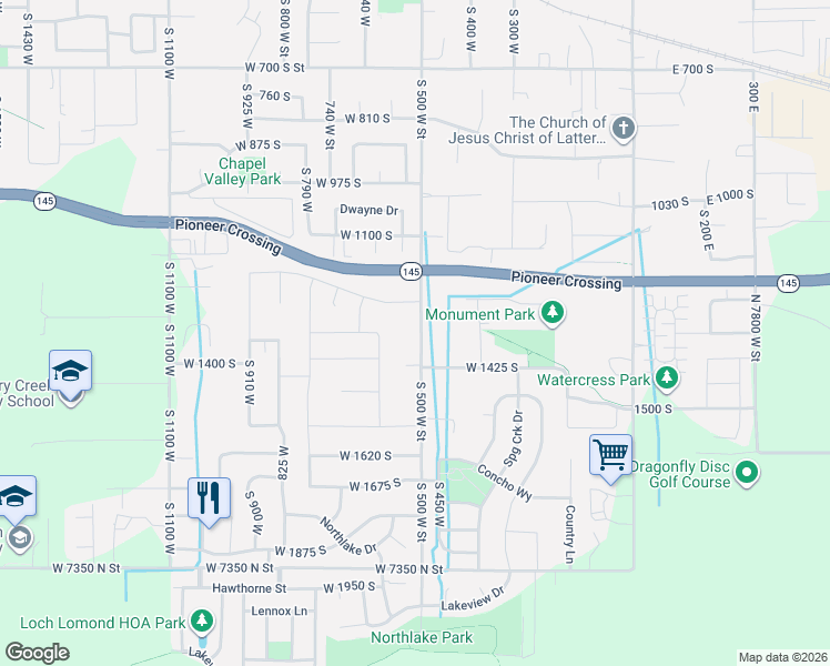map of restaurants, bars, coffee shops, grocery stores, and more near 1342 South 500 West Street in Lehi