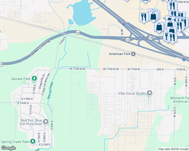 map of restaurants, bars, coffee shops, grocery stores, and more near 7099 W 7750 N in American Fork