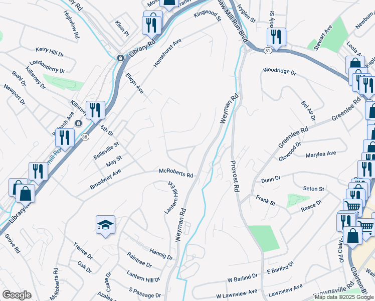 map of restaurants, bars, coffee shops, grocery stores, and more near 76 Woody Crest Drive in Pittsburgh