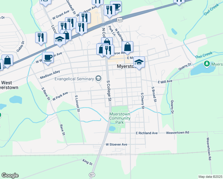 map of restaurants, bars, coffee shops, grocery stores, and more near 300 South College Street in Myerstown