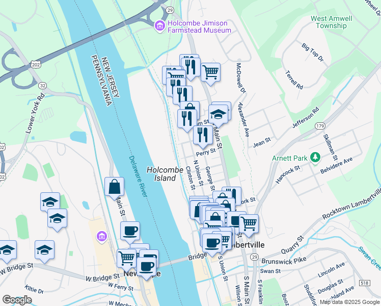 map of restaurants, bars, coffee shops, grocery stores, and more near 151 North Union Street in Lambertville