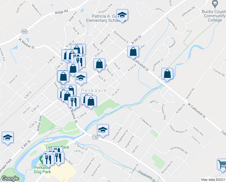 map of restaurants, bars, coffee shops, grocery stores, and more near 10 North 2nd Street in Perkasie