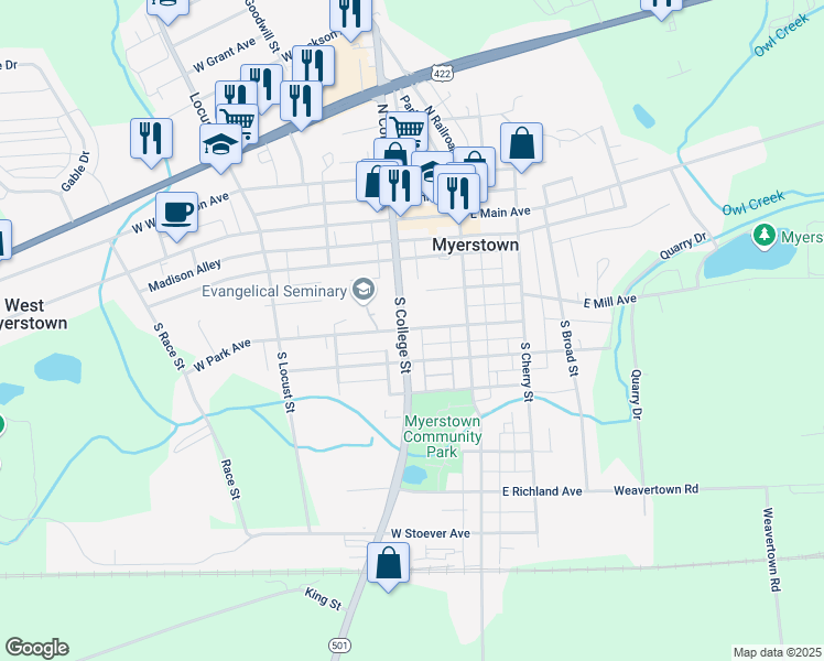 map of restaurants, bars, coffee shops, grocery stores, and more near 300 South College Street in Myerstown