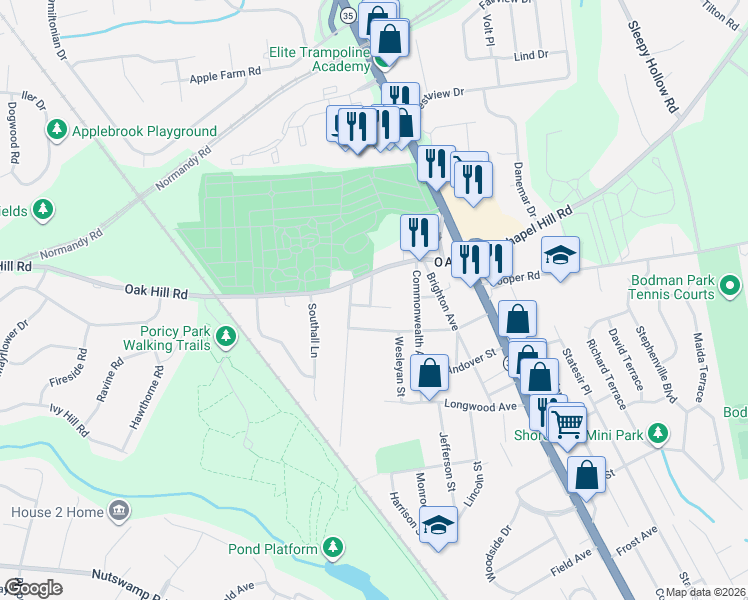 map of restaurants, bars, coffee shops, grocery stores, and more near 97 Oak Hill Road in Red Bank