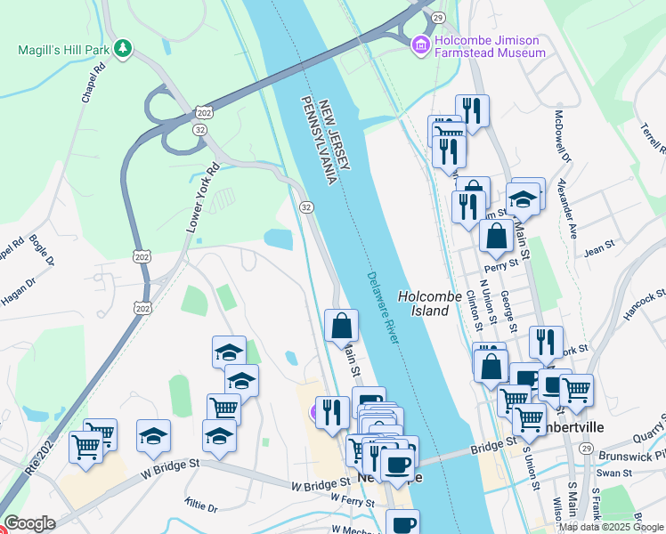 map of restaurants, bars, coffee shops, grocery stores, and more near 247 N Main St in New Hope