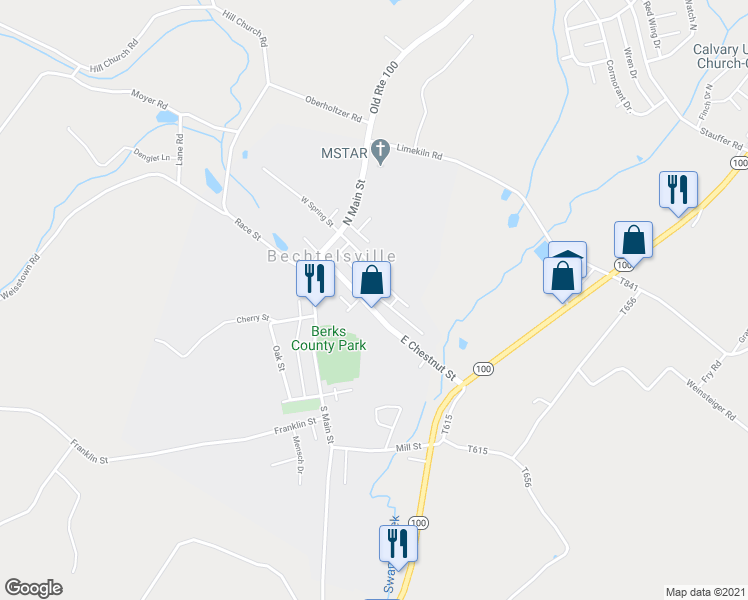 map of restaurants, bars, coffee shops, grocery stores, and more near 21 East Spring Street in Bechtelsville