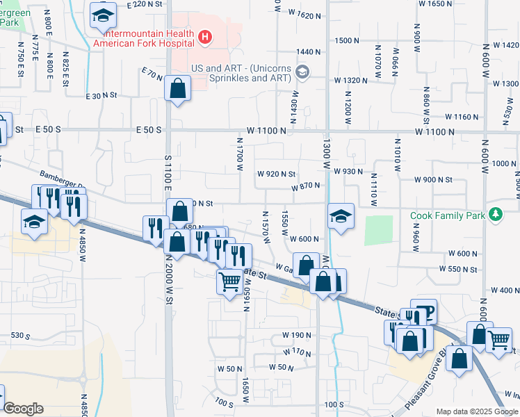 map of restaurants, bars, coffee shops, grocery stores, and more near 819 North 1570 West in Pleasant Grove