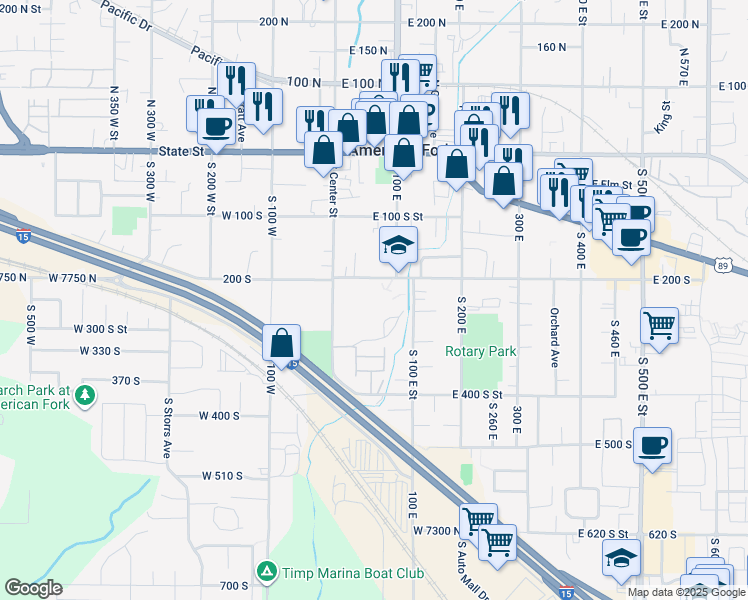 map of restaurants, bars, coffee shops, grocery stores, and more near 200 South 50 East in American Fork