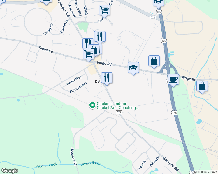 map of restaurants, bars, coffee shops, grocery stores, and more near in South Brunswick Township
