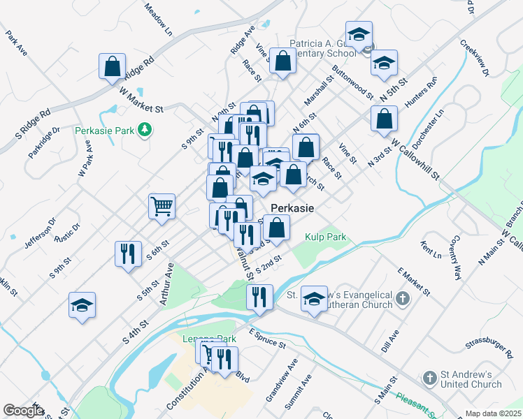 map of restaurants, bars, coffee shops, grocery stores, and more near 17 South 5th Street in Perkasie