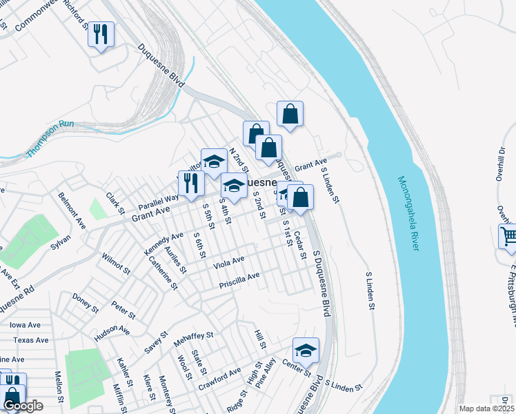 map of restaurants, bars, coffee shops, grocery stores, and more near in Duquesne