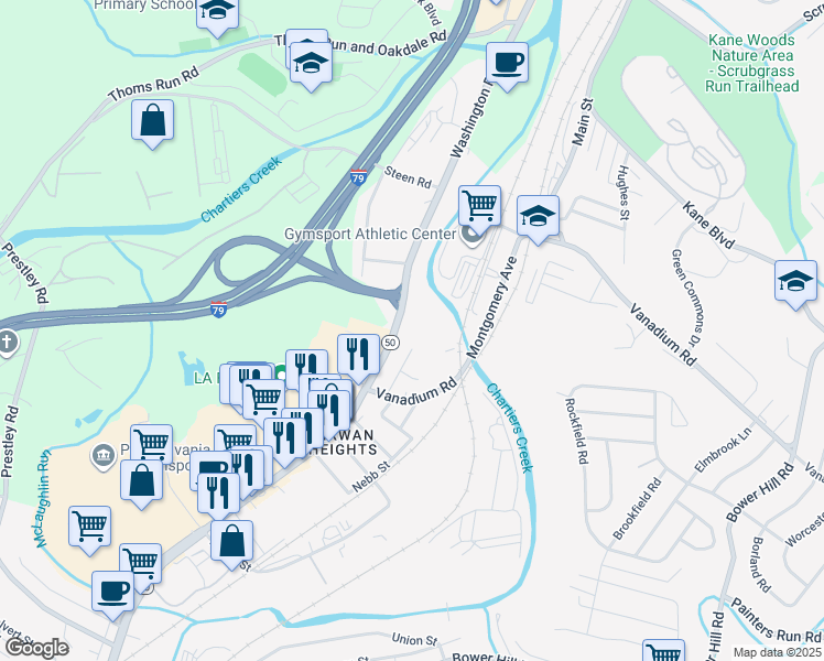 map of restaurants, bars, coffee shops, grocery stores, and more near 1240 Washington Pike in Bridgeville