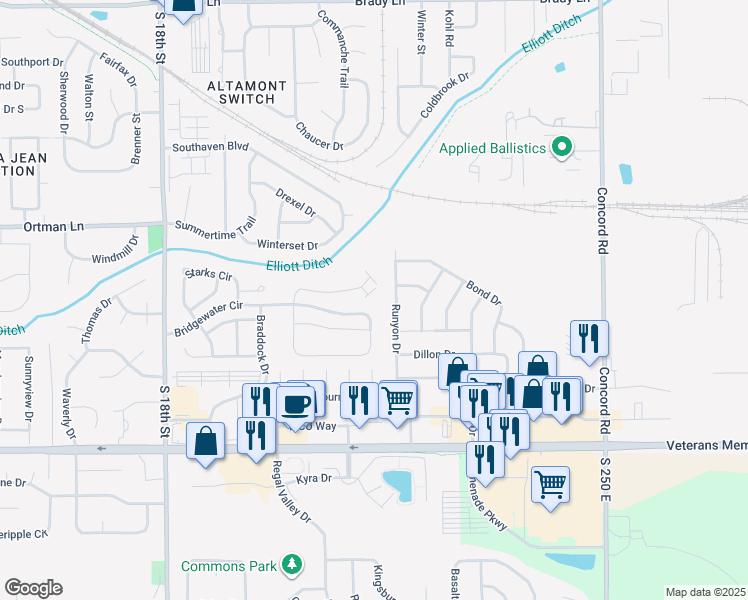 map of restaurants, bars, coffee shops, grocery stores, and more near 3122 Runyon Drive in Lafayette