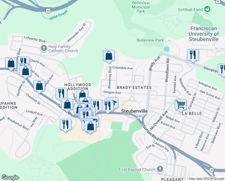 map of restaurants, bars, coffee shops, grocery stores, and more near 723 Oxford Boulevard in Steubenville