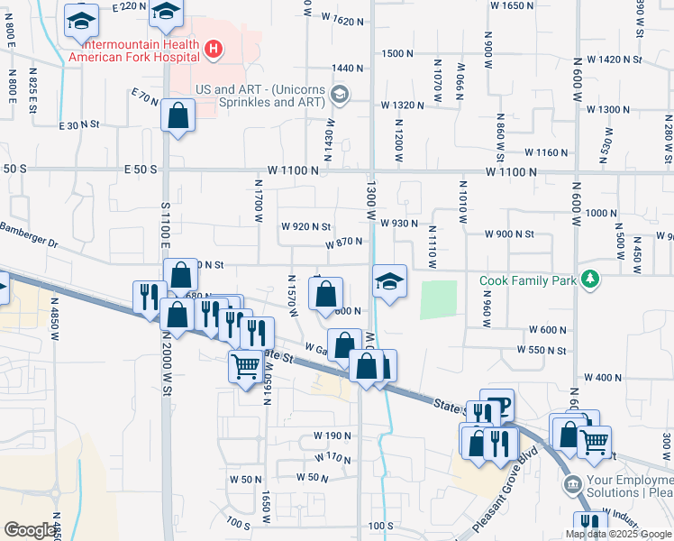 map of restaurants, bars, coffee shops, grocery stores, and more near 1417 West 800 North Street in Pleasant Grove