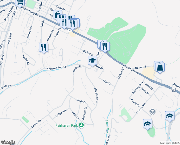 map of restaurants, bars, coffee shops, grocery stores, and more near 265 Foster Road in North Versailles