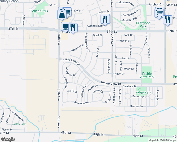 map of restaurants, bars, coffee shops, grocery stores, and more near 4031 Dove Lane in Evans