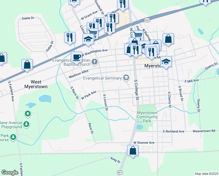 map of restaurants, bars, coffee shops, grocery stores, and more near 218 West Bahney Avenue in Myerstown
