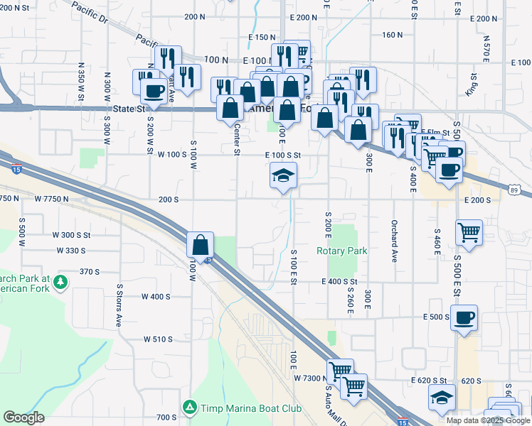 map of restaurants, bars, coffee shops, grocery stores, and more near 50 East 200 South in American Fork