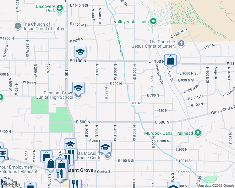 map of restaurants, bars, coffee shops, grocery stores, and more near 411 East State Road in Pleasant Grove