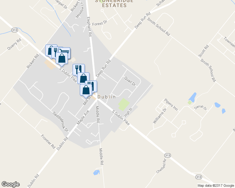 map of restaurants, bars, coffee shops, grocery stores, and more near 104 Fox Hollow Road in Dublin