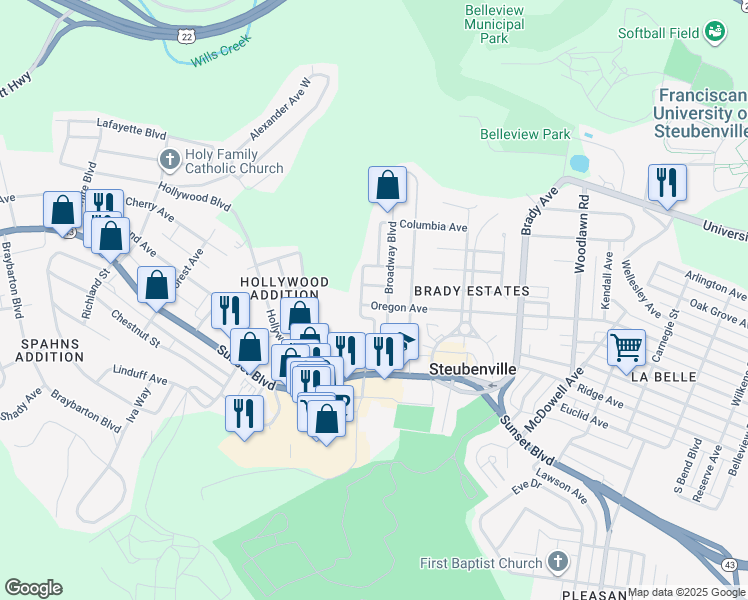 map of restaurants, bars, coffee shops, grocery stores, and more near 2024 Fairmont Avenue in Steubenville