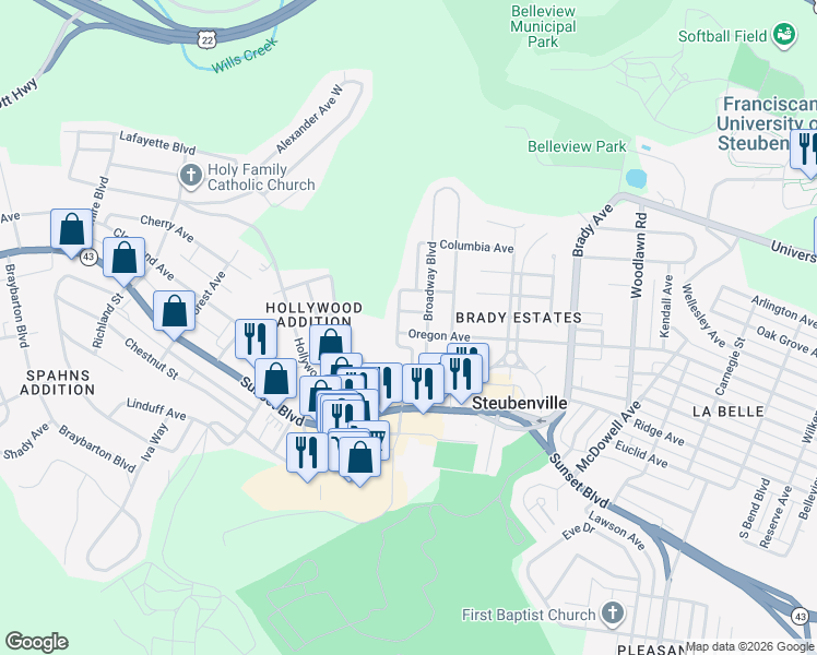 map of restaurants, bars, coffee shops, grocery stores, and more near 2024 Fairmont Avenue in Steubenville