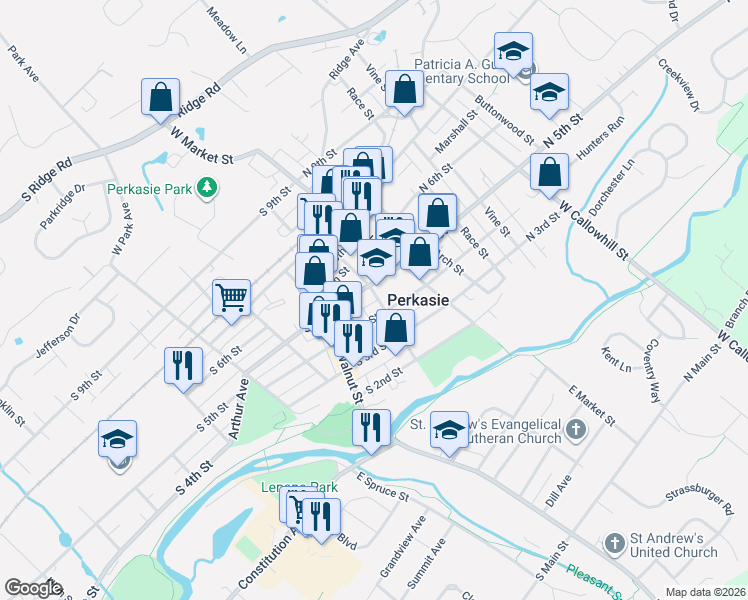 map of restaurants, bars, coffee shops, grocery stores, and more near 17 South 5th Street in Perkasie