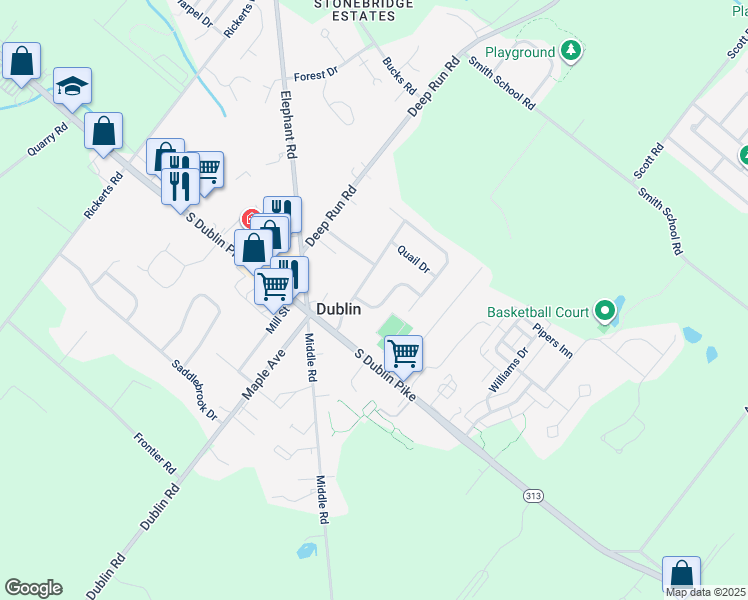 map of restaurants, bars, coffee shops, grocery stores, and more near 104 Fox Hollow Road in Dublin