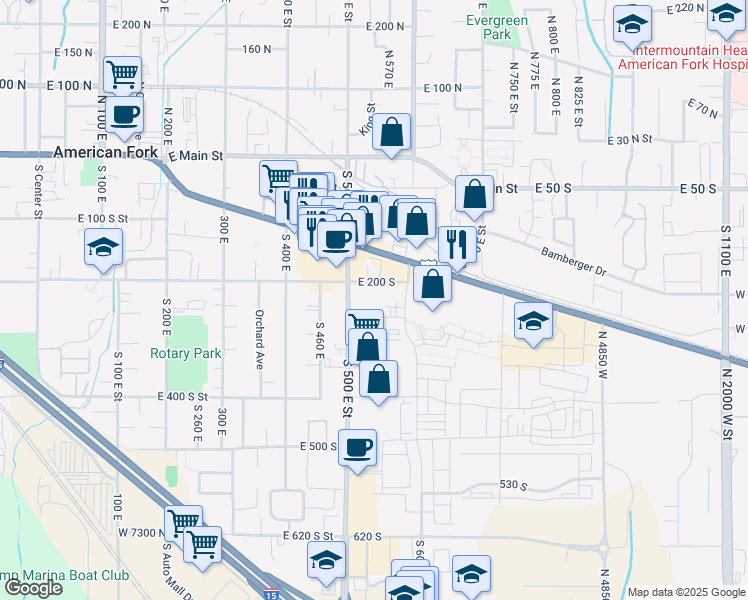 map of restaurants, bars, coffee shops, grocery stores, and more near 221 South 500 East in American Fork