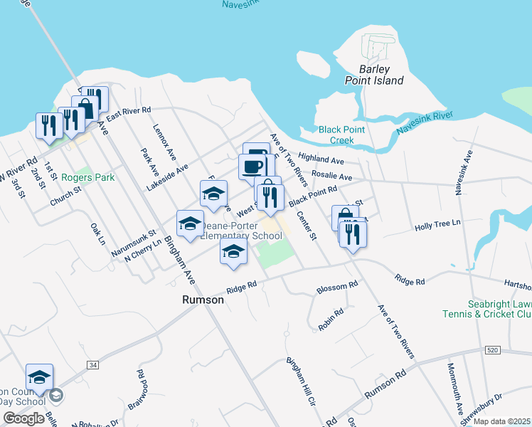 map of restaurants, bars, coffee shops, grocery stores, and more near in Rumson
