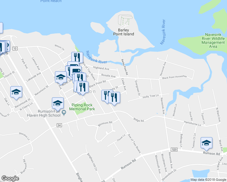 map of restaurants, bars, coffee shops, grocery stores, and more near 16 Holly Street in Rumson