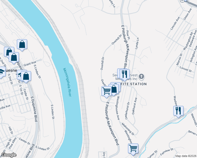 map of restaurants, bars, coffee shops, grocery stores, and more near 612 Overhill Drive in North Versailles