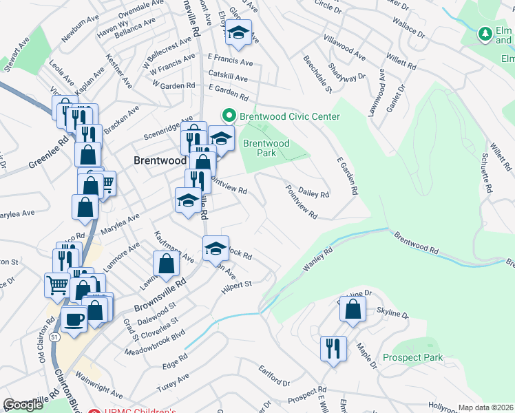 map of restaurants, bars, coffee shops, grocery stores, and more near 164 Pointview Road in Pittsburgh