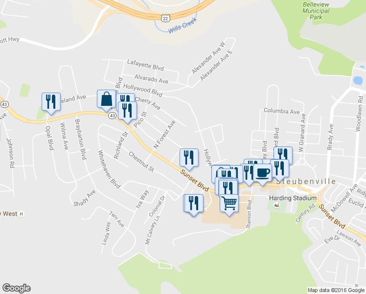 map of restaurants, bars, coffee shops, grocery stores, and more near 2401 Cleveland Avenue in Steubenville