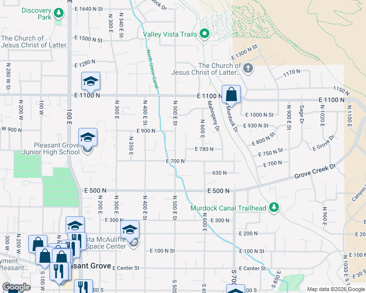 map of restaurants, bars, coffee shops, grocery stores, and more near 826 North 500 East Street in Pleasant Grove