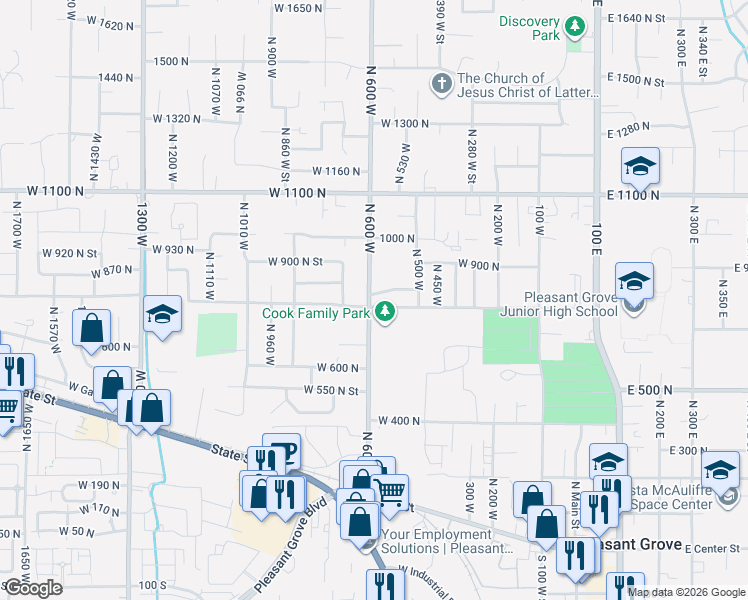 map of restaurants, bars, coffee shops, grocery stores, and more near 815 North 600 West in Pleasant Grove