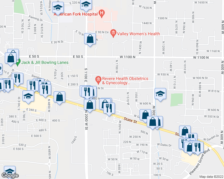 map of restaurants, bars, coffee shops, grocery stores, and more near 823 North 1700 West in Pleasant Grove